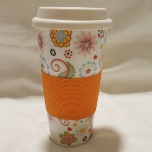 Century Spring Floral Ceramic Travel Mug with Orange Grip and Lid